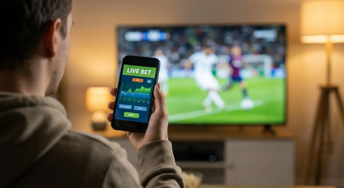 Celular com tela de apostas ao vivo durante partida de futebol na TV