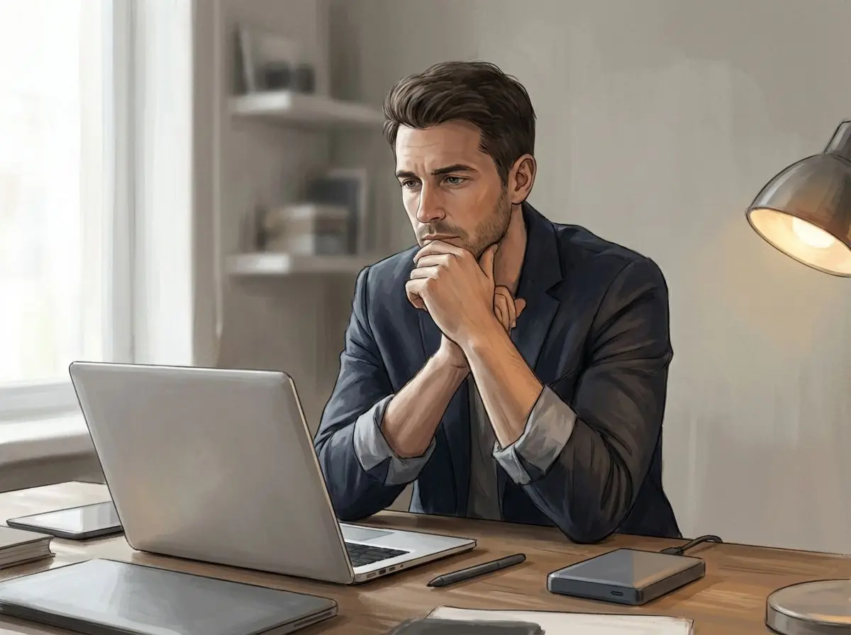 Autor trabalhando em notebook em ambiente neutro