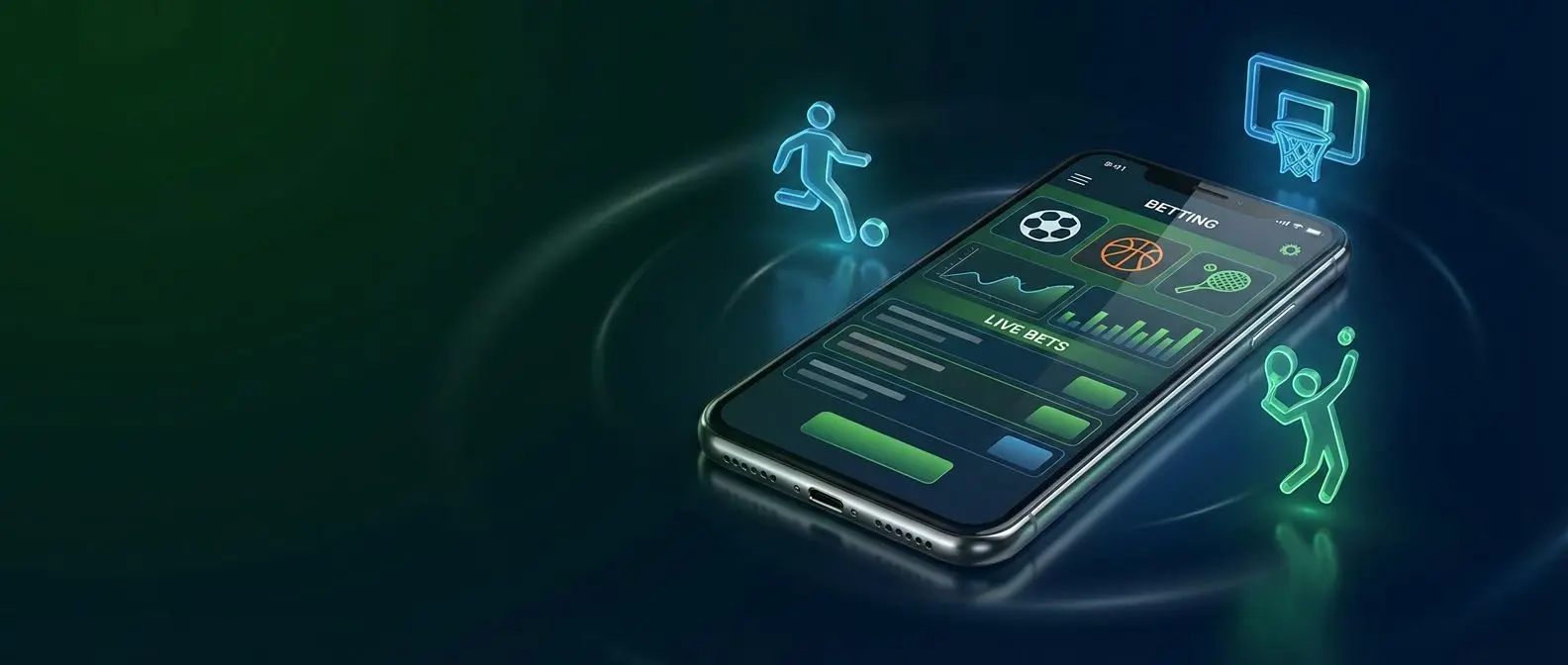 Smartphone com tela de app de apostas e ícones de esportes em destaque