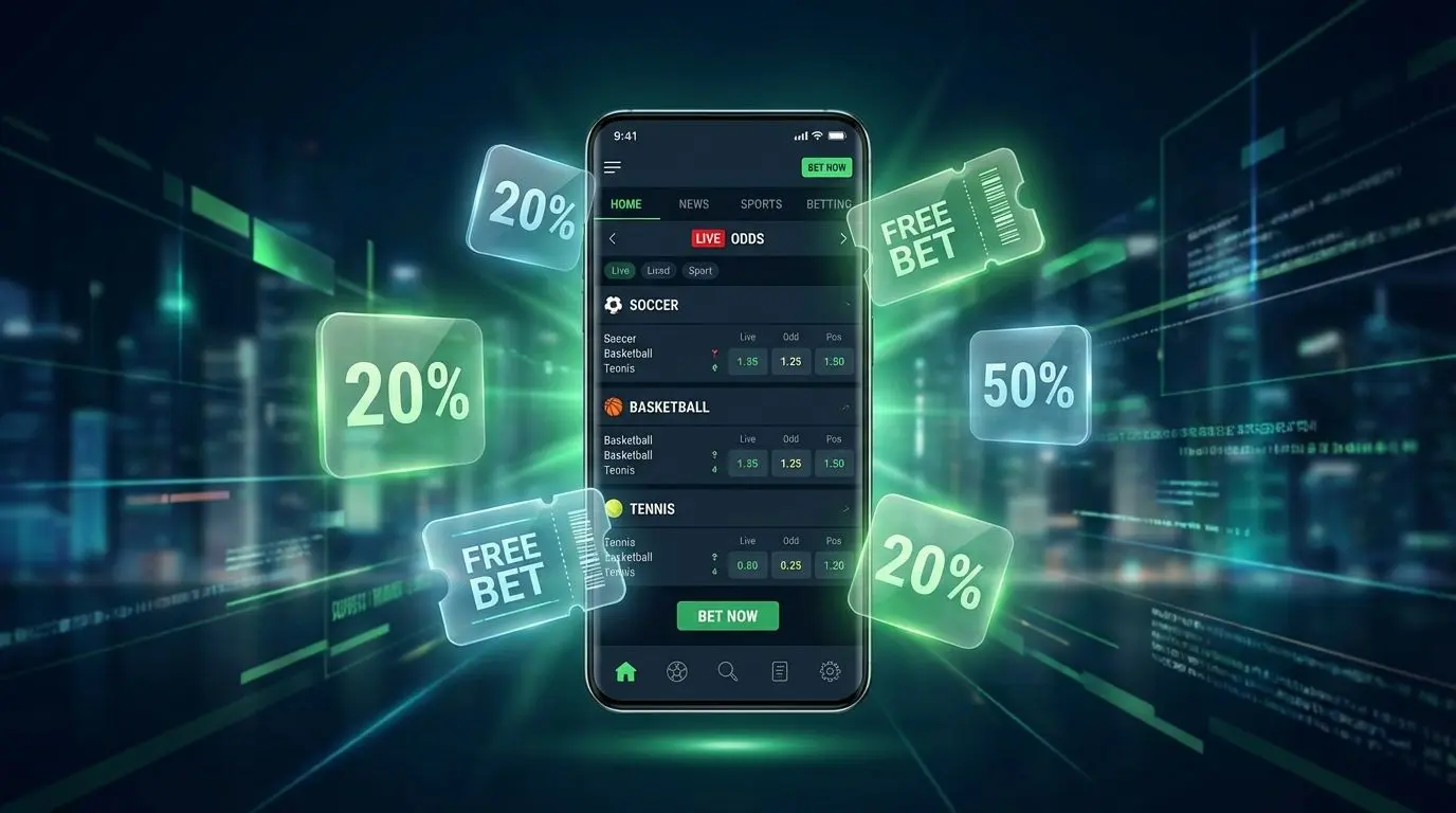 Smartphone com interface de apostas e ícones de cupom em destaque