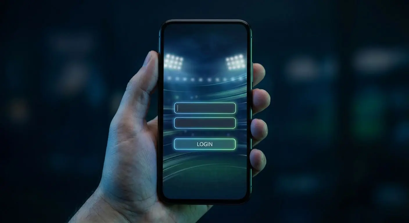 Tela de login do app BetEsporte em smartphone com fundo esportivo escuro