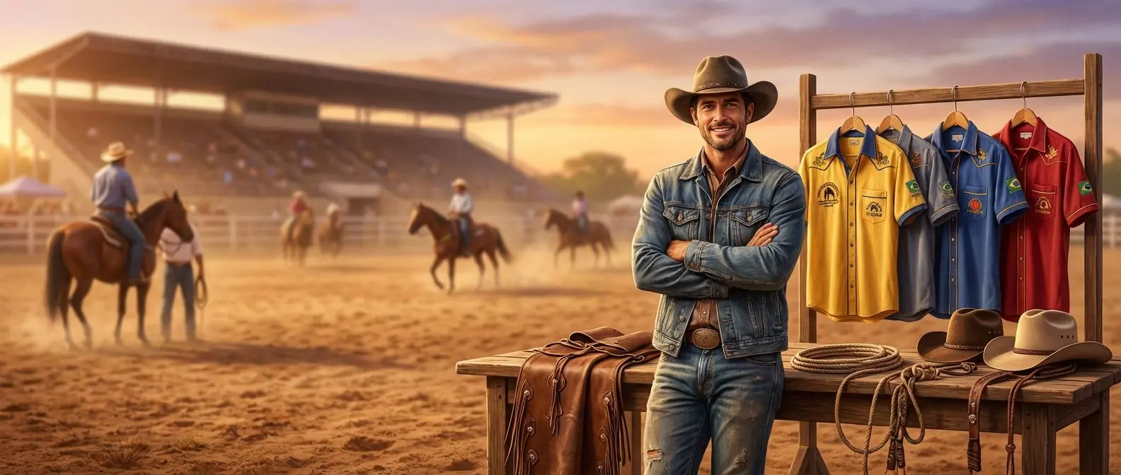 Vaqueiro em arena de vaquejada com vitrine de camisas e acessórios Betesporte