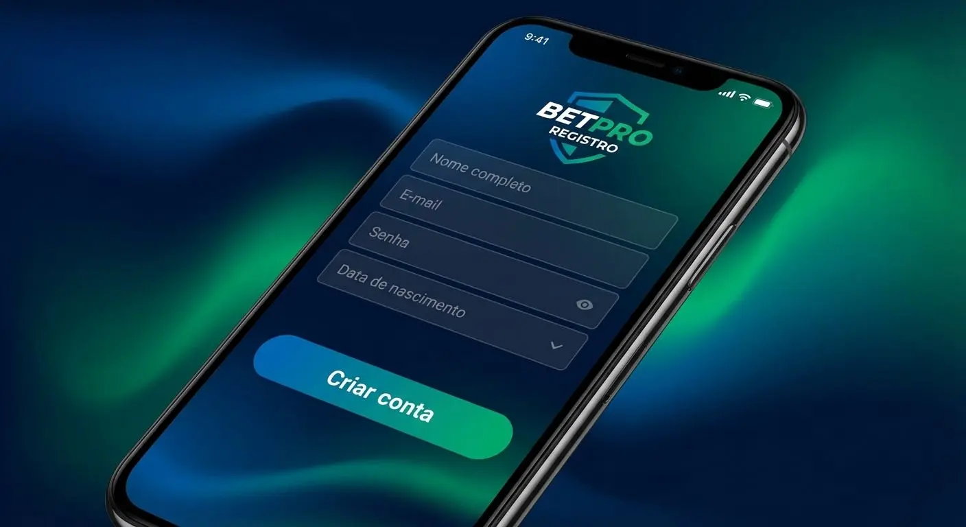 Tela de cadastro do app BetEsporte em smartphone sobre fundo neutro