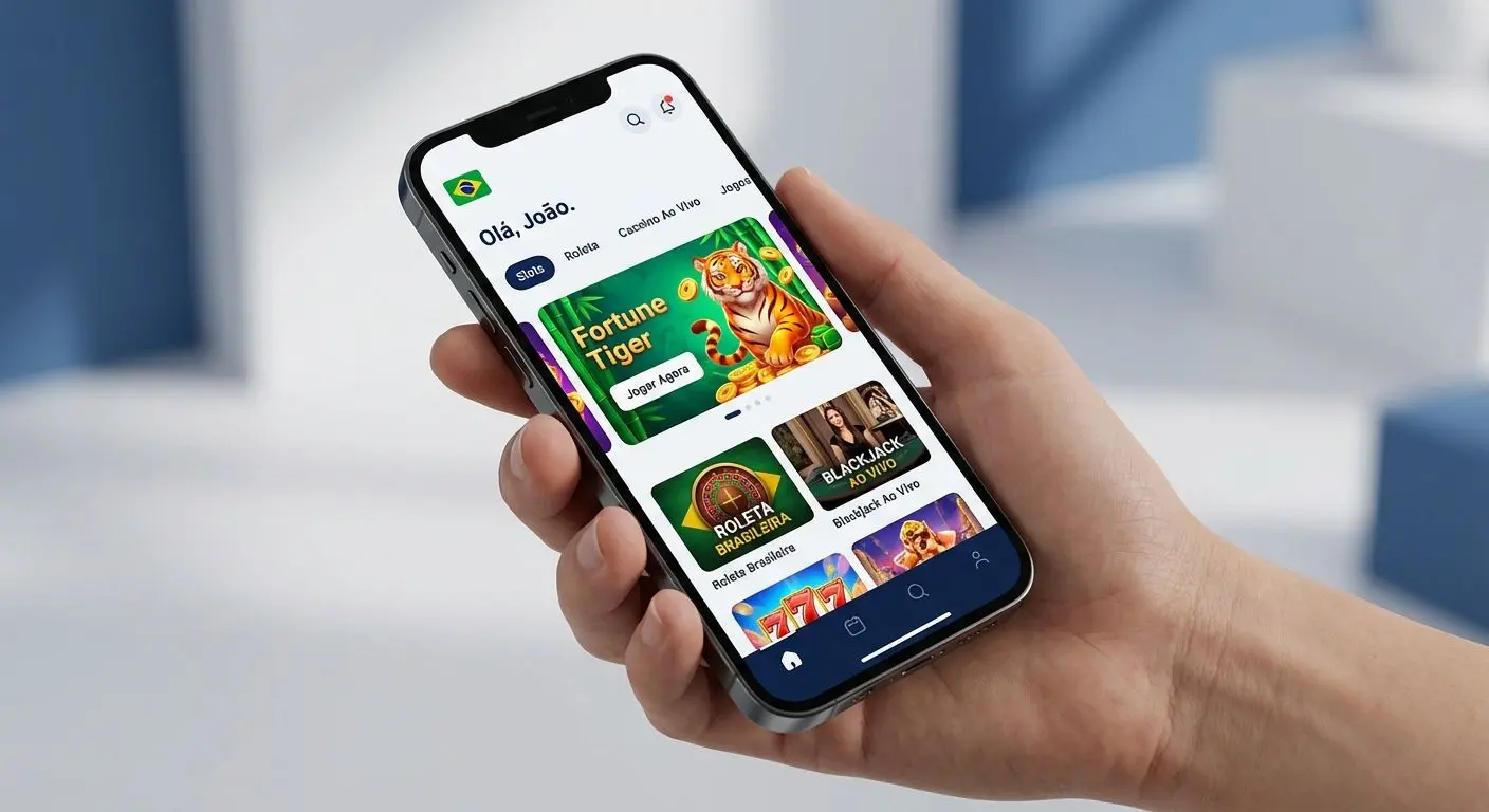 Tela inicial do cassino no app em um smartphone com categorias de jogos