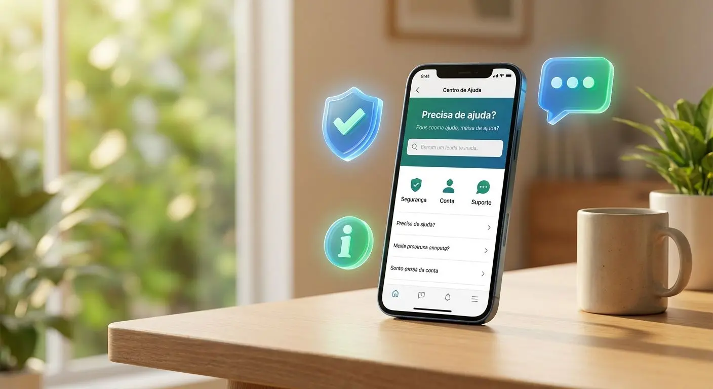 Celular exibindo central de ajuda com ícones de suporte e segurança