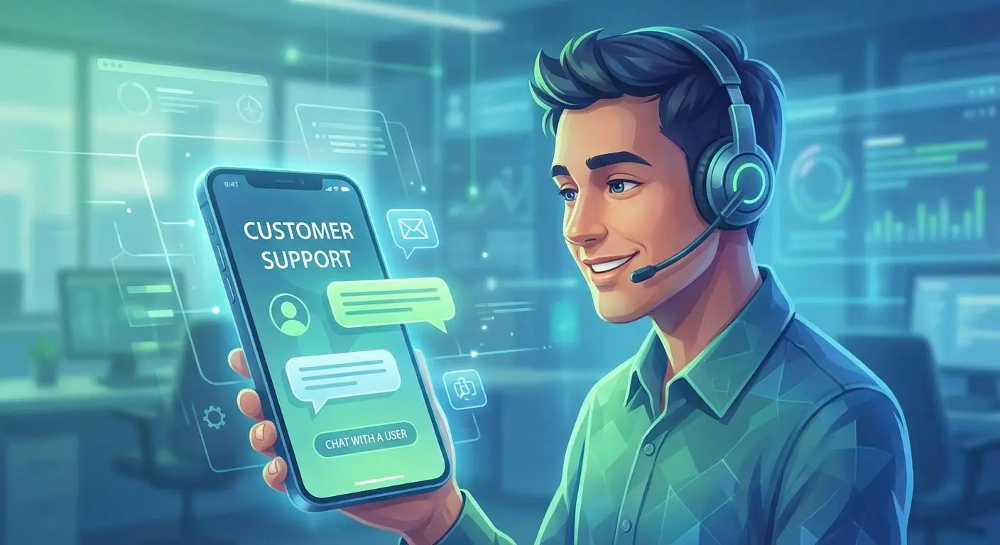 Ilustração de atendente da central de suporte ajudando usuário da Betesporte