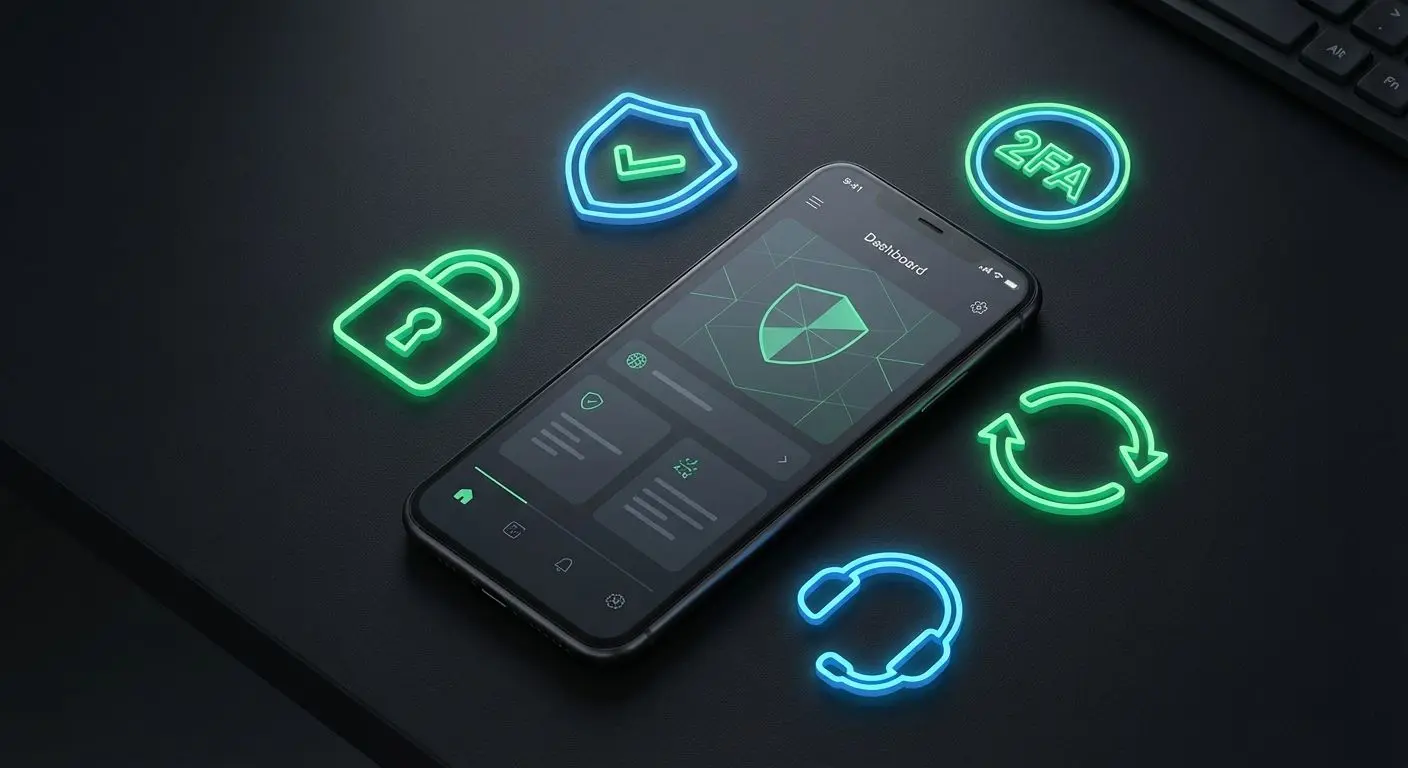 Ícones de segurança ao redor de um smartphone com app de apostas