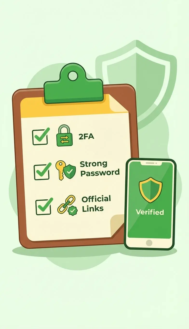 Checklist de segurança com senha forte, 2FA e links oficiais ao lado de smartphone