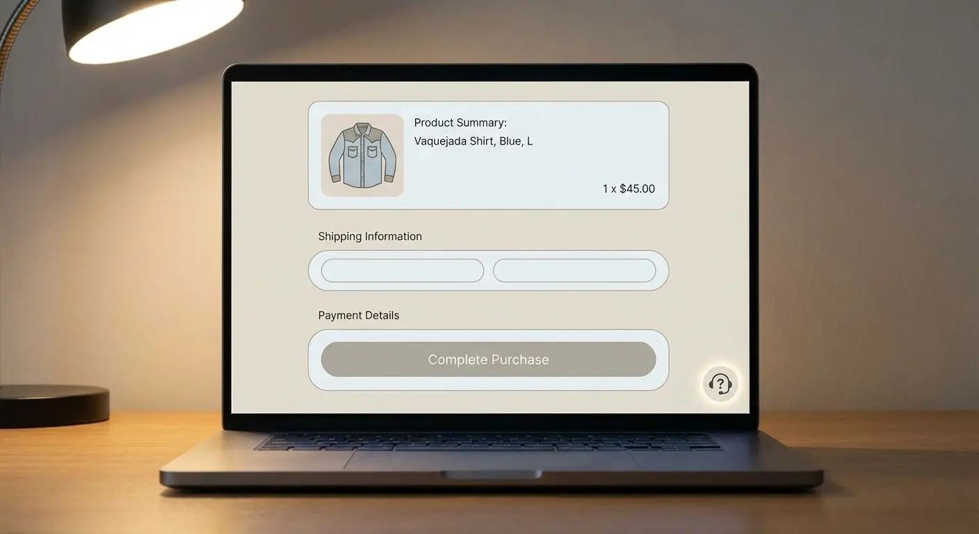 Interface abstrata de checkout com destaque para camisa de vaquejada e suporte
