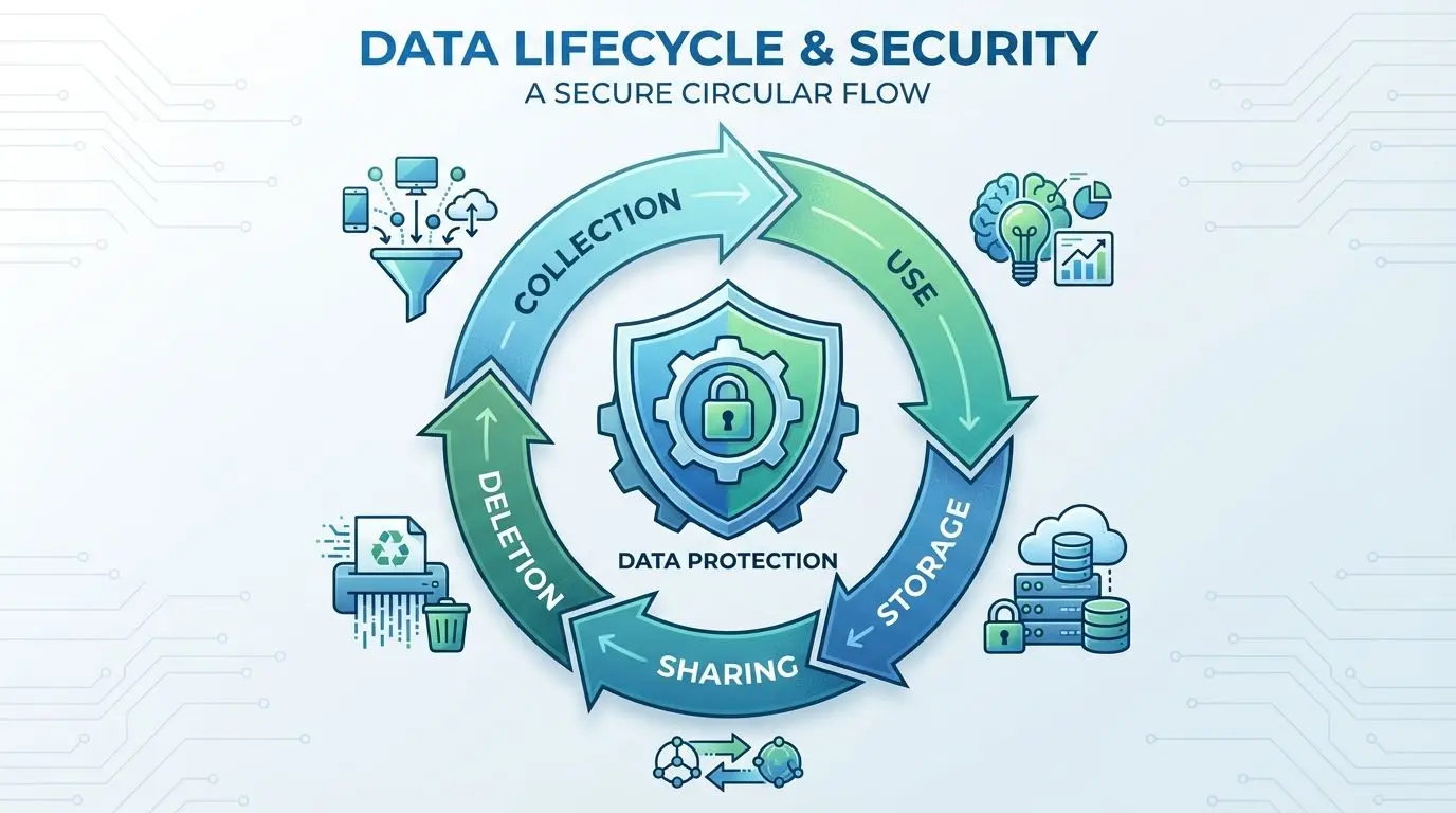 Ciclo de dados mostrando coleta, uso, armazenamento, compartilhamento e exclusão