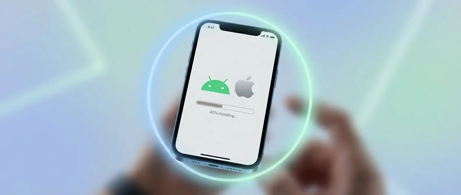 Smartphone mostrando tela genérica de instalação de aplicativo com ícones de Android e iOS