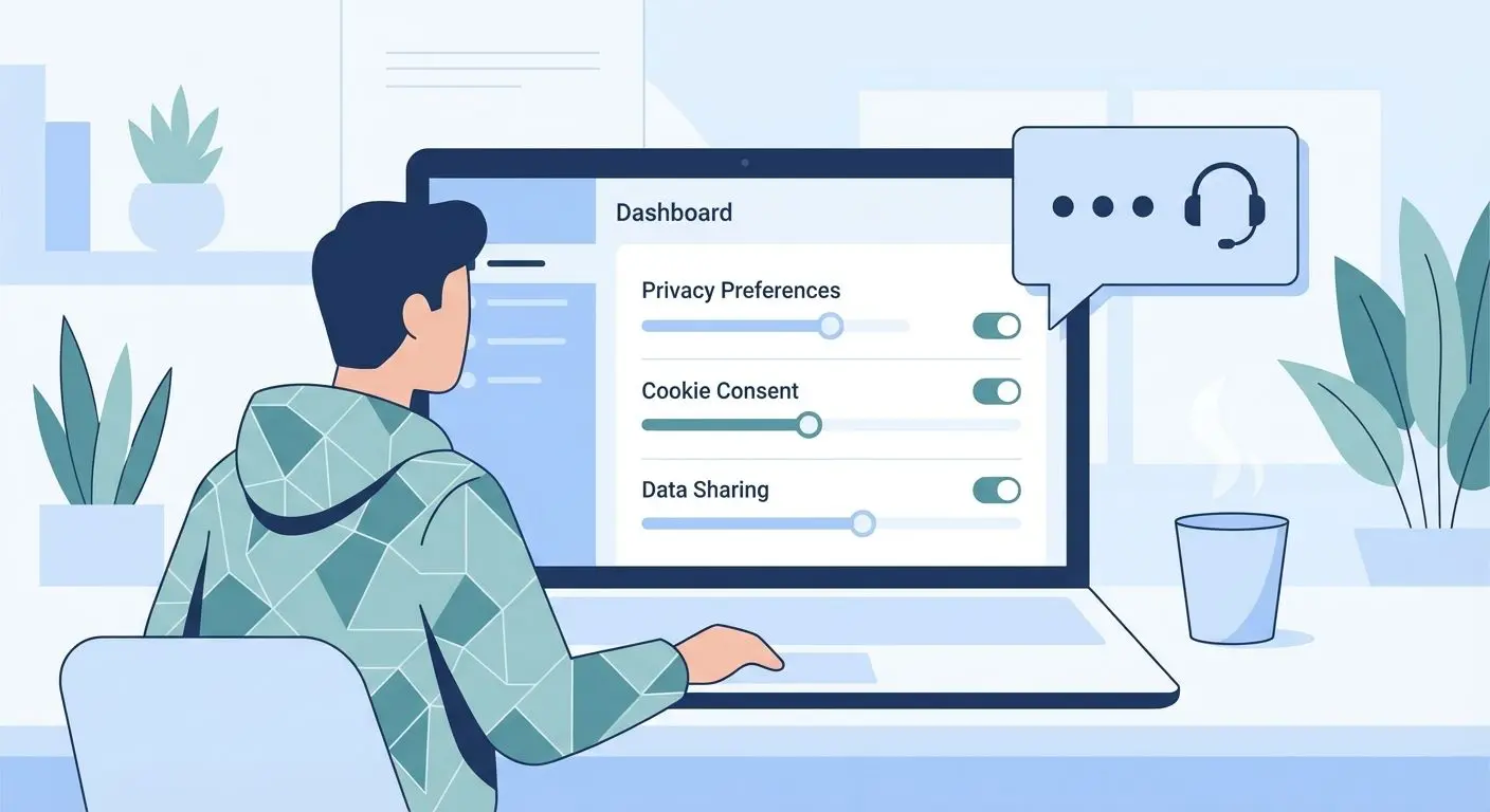 Usuário ajustando configurações de privacidade com ícone de suporte ao lado