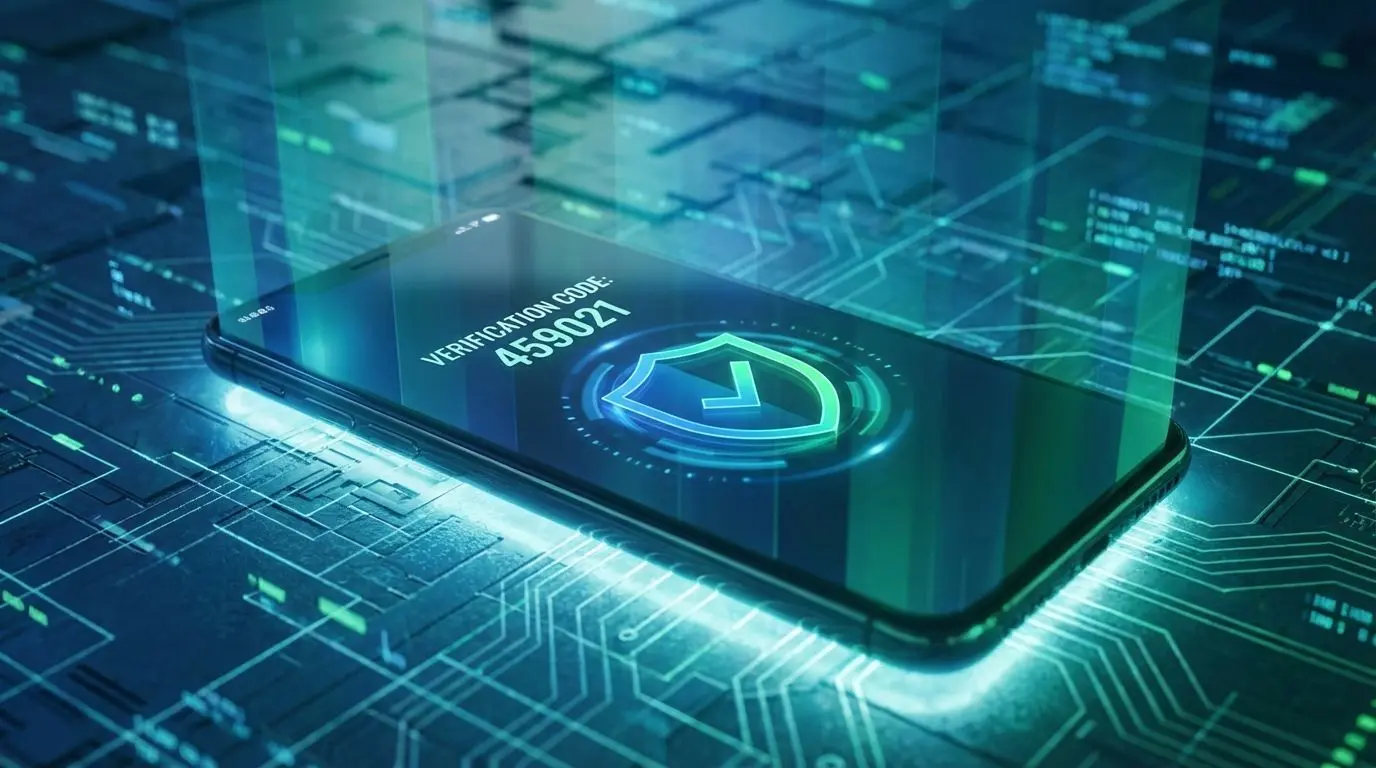 Ícone de verificação ao lado de celular com código de confirmação BetEsporte