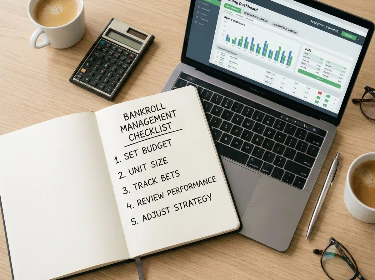 Mesa com checklist de gestão de banca ao lado de notebook e calculadora