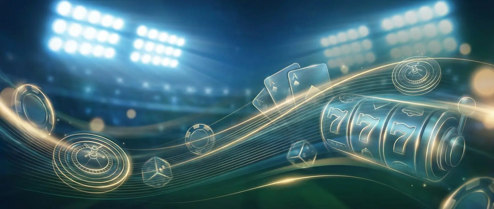 Banner com elementos de apostas esportivas e cassino em estilo digital abstrato