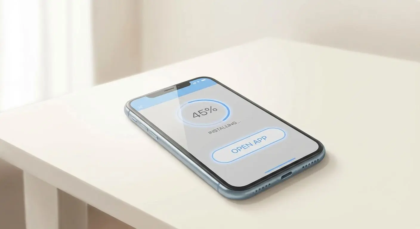iPhone com tela genérica de instalação e abertura de aplicativo