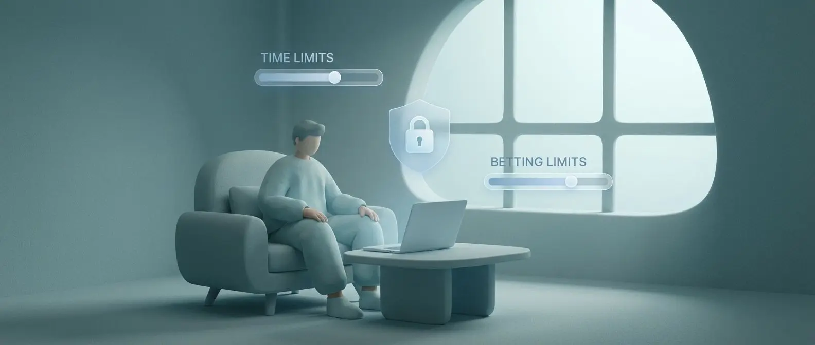 Pessoa jogando online com ícones de limites de apostas e segurança ao redor