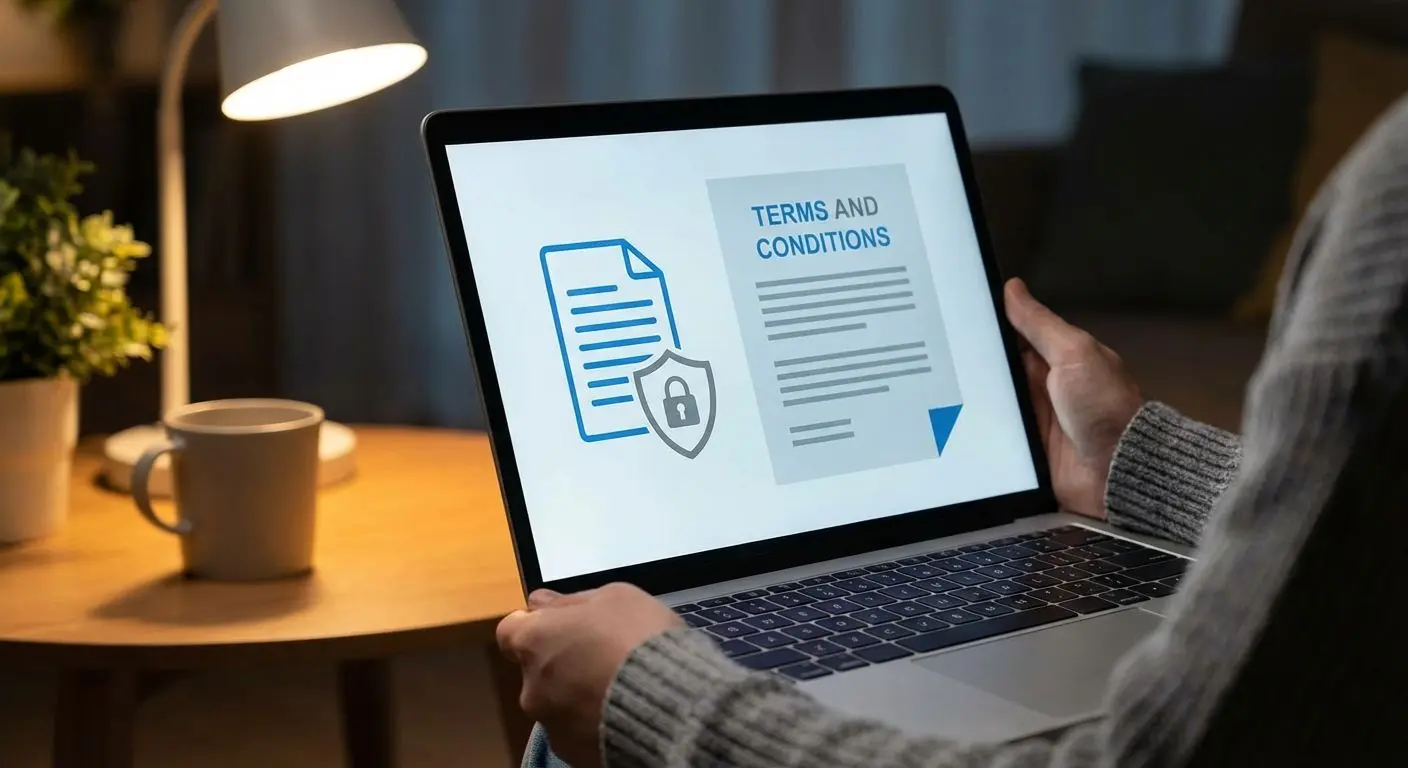 Usuário lendo termos de uso de apostas em um notebook