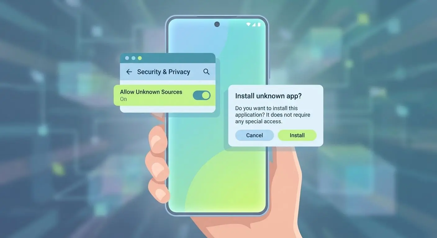 Tela genérica de Android permitindo fontes desconhecidas e instalando APK