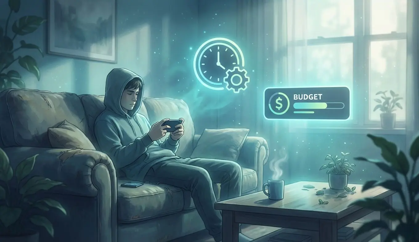 Pessoa jogando no celular com ícones de tempo e orçamento ao redor