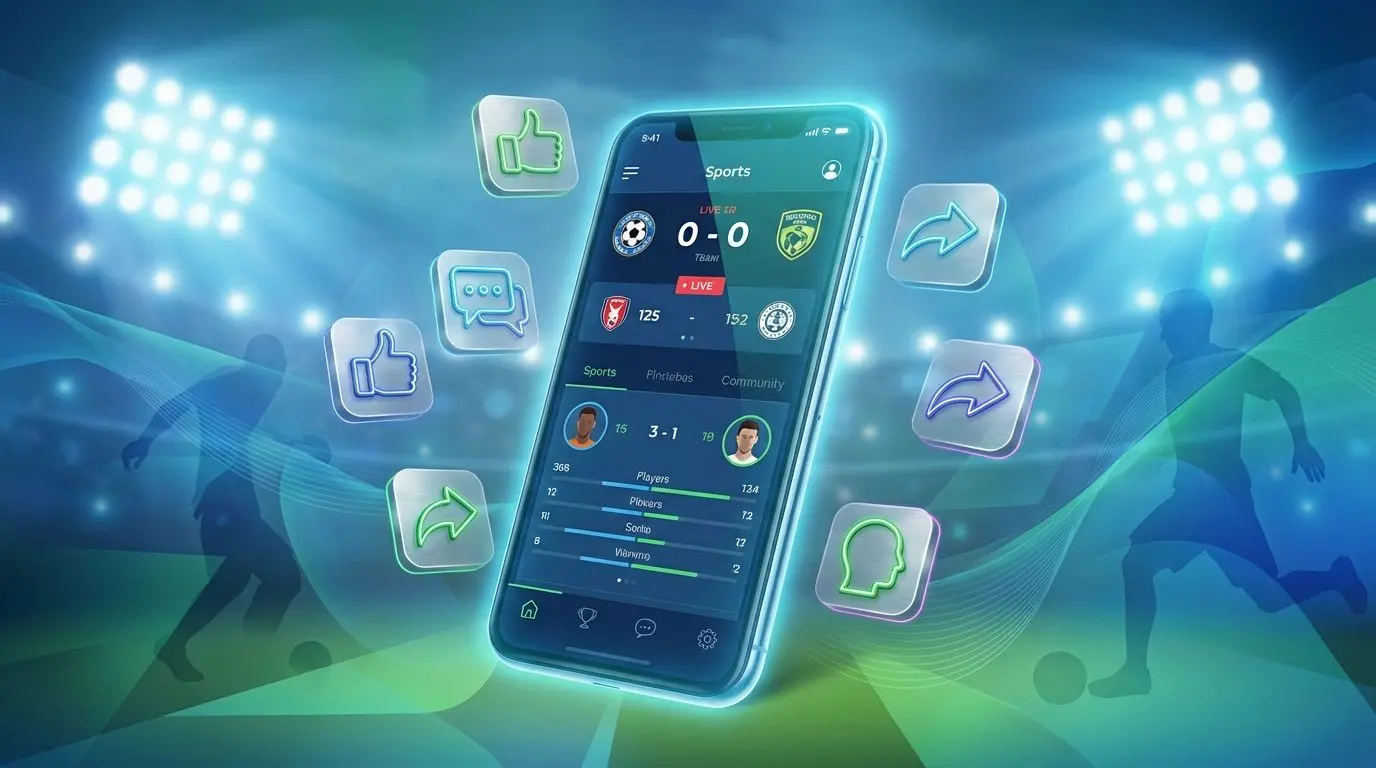 Celular com esportes cercado por ícones genéricos de redes sociais