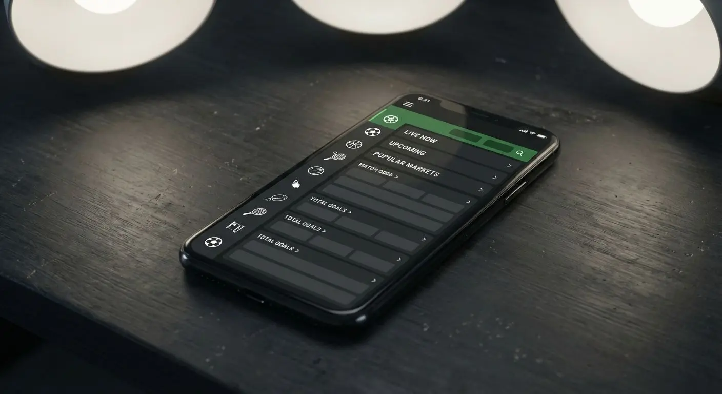 Tela de app de apostas mostrando lista de esportes e mercados