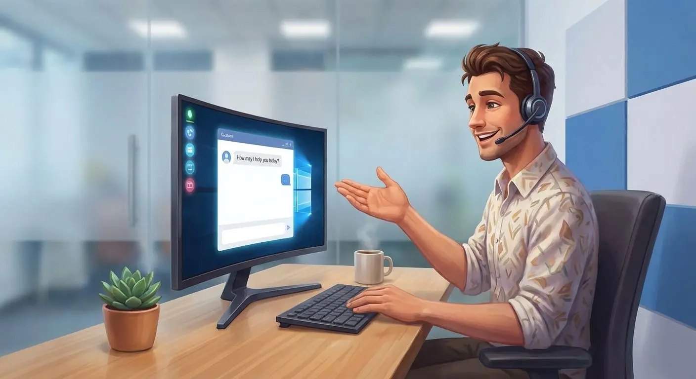 Atendente de suporte online auxiliando usuário em chat