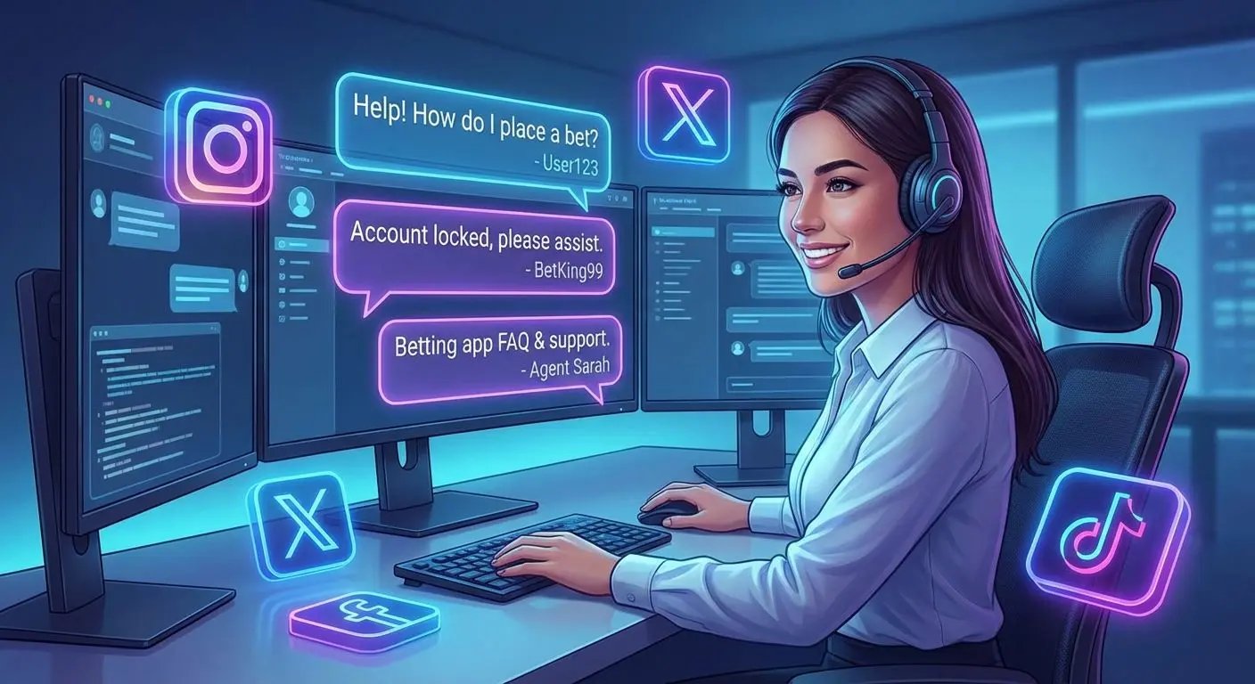 Atendente de suporte Betesporte em chat com ícones de redes sociais