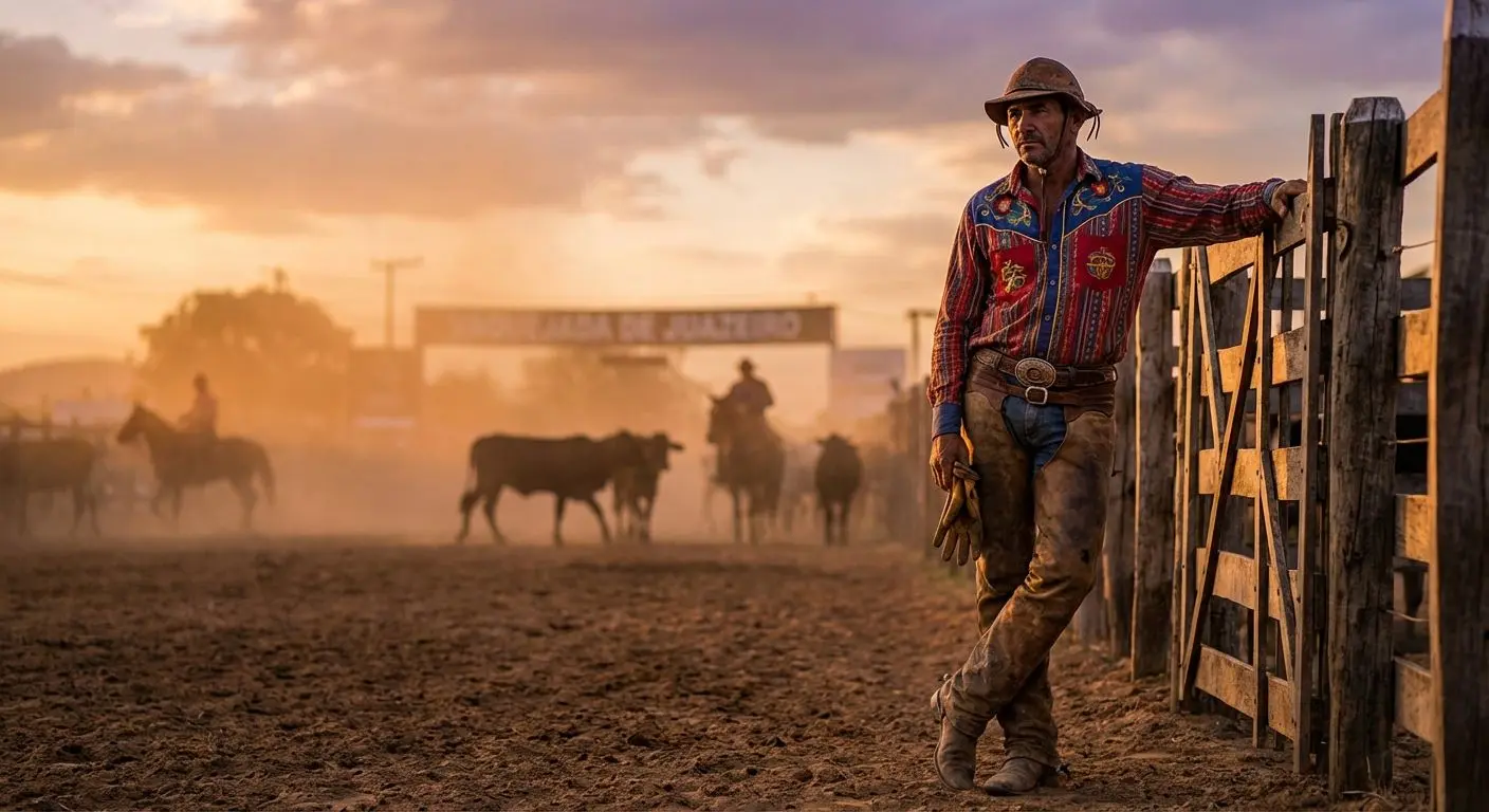 Vaqueiro usando camisa de vaquejada com cinto, chapéu e acessórios na arena