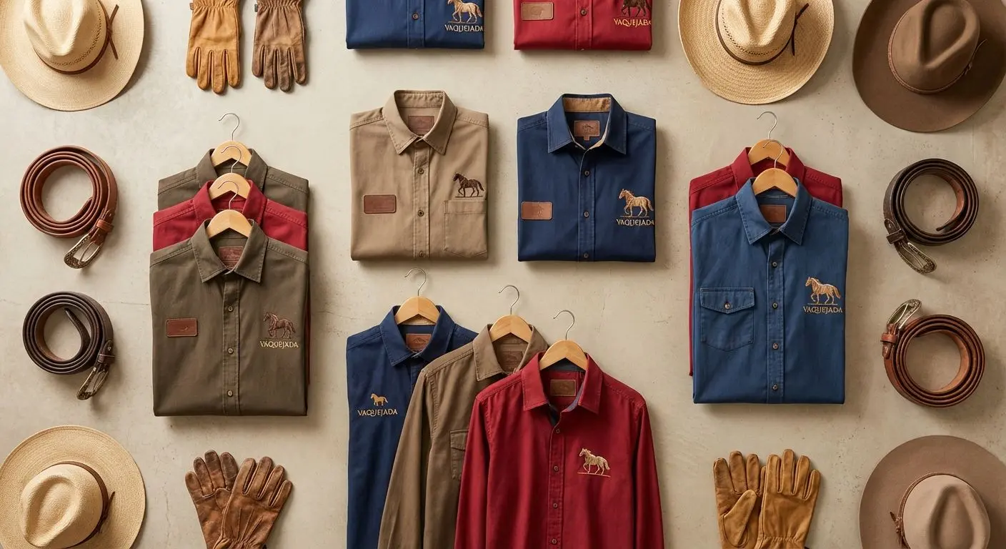 Vitrine com camisas de vaquejada, cintos, chapéus e acessórios organizados